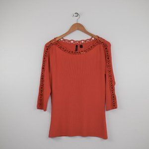 Venini Women's Crochet Beaded Boat Neck Knit Top M Orange Open Sleeve Boho Indie
